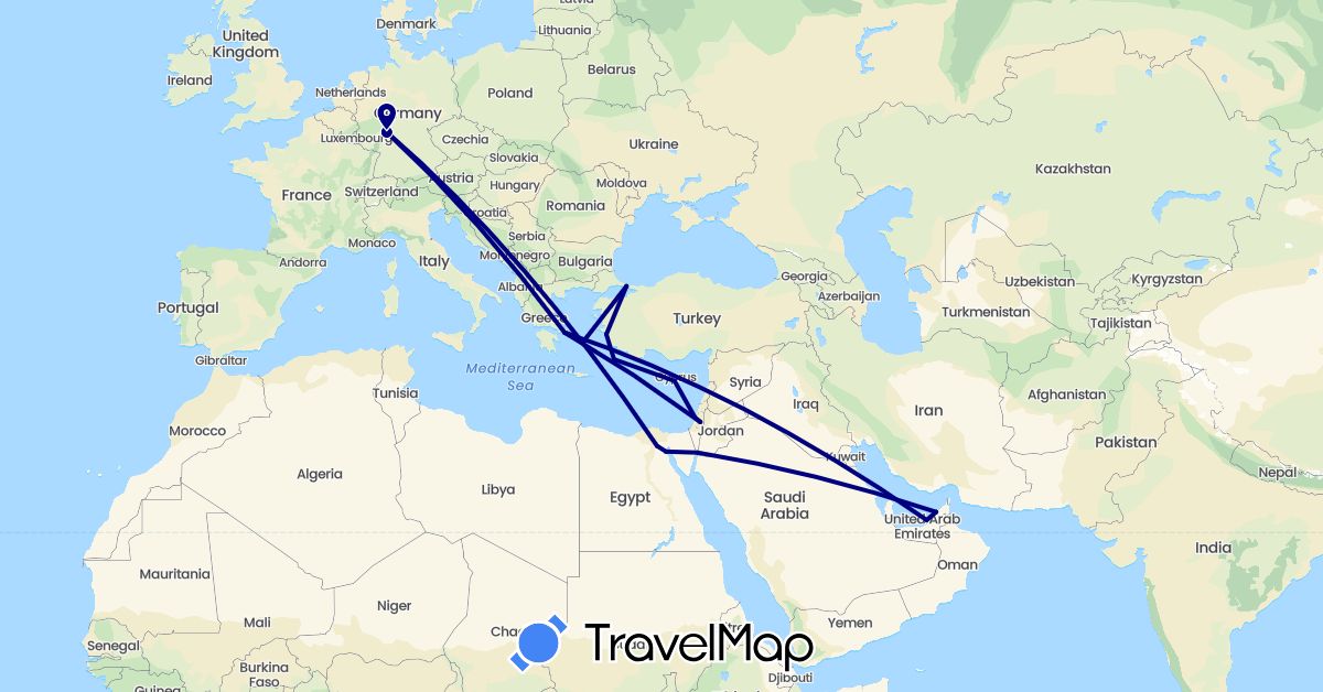 TravelMap itinerary: driving in United Arab Emirates, Cyprus, Germany, Egypt, Greece, Israel, Jordan, Turkey (Africa, Asia, Europe)